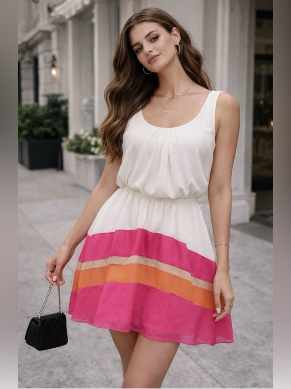 BEBE Colorblock Chiffon Dress Pink Orange Flowy Mini Elastic Waist S Small